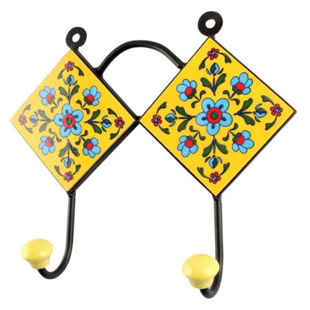 Yellow Base Turquoise Tiny Flower Ceramic Tiles Hook 
